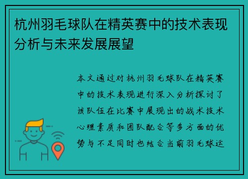 杭州羽毛球队在精英赛中的技术表现分析与未来发展展望