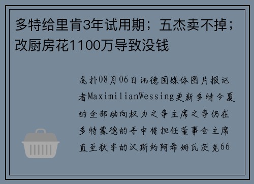 多特给里肯3年试用期；五杰卖不掉；改厨房花1100万导致没钱